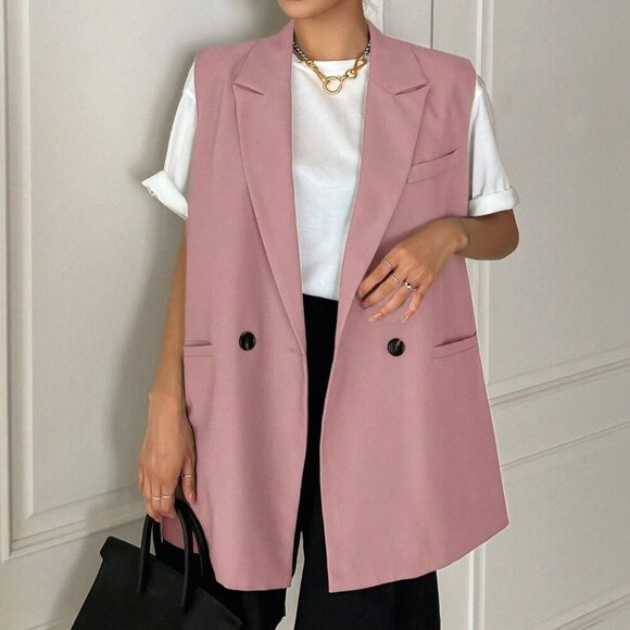 Jackets & Blazers - Pink Casual Women's Suit Collar Sleeveless Double-Breasted Vest
